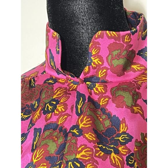VTG Michel Goma Saks Vibrant Pink Floral Silk Long Slv Dress France 42 US M/L - Picture 6 of 11